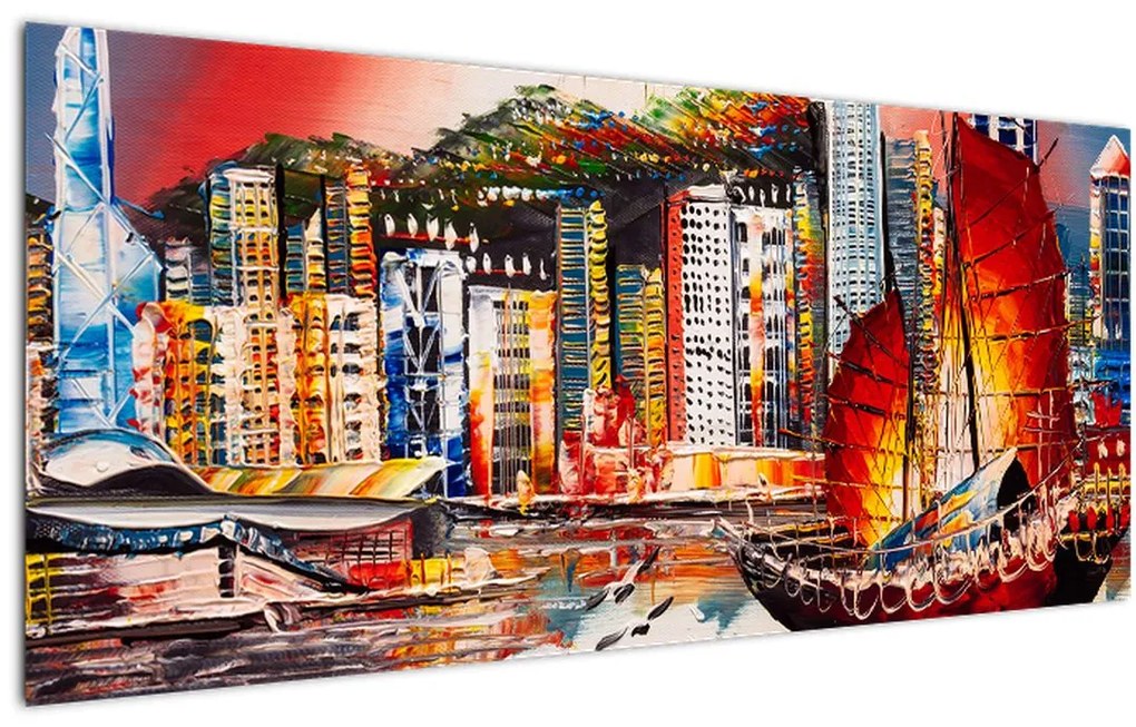 Tablou - Victoria Harbour, Hong Kong, pictură în ulei (120x50 cm)