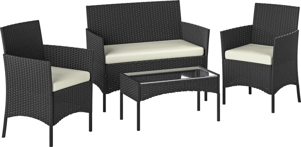 Outsunny Set Mobilier Grădină din Ratan Sintetic cu Canapea, Fotolii și Masă din Sticlă Securizată și Perne Negru și Crem | Aosom Romania