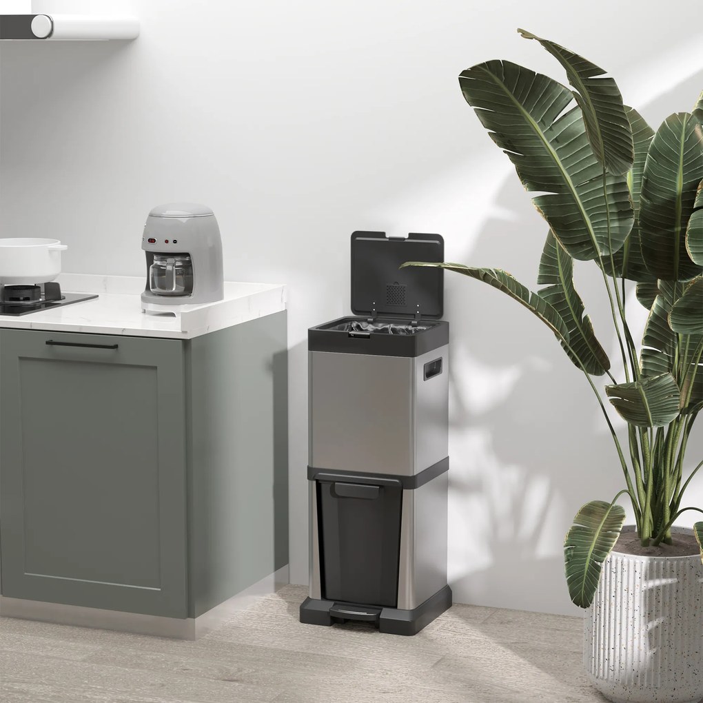 HOMCOM Coș de gunoi 20+14L cu pedală, capac, compartiment basculant, coșuri interioare detașabile, oțel inoxidabil 32,5 x 31,5 x 78 cm Argintiu | Aosom Romania