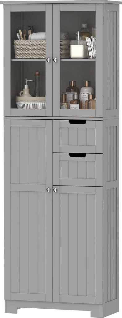 HOMCOM Dulap înalt pentru baie, mobilier de depozitare cu 4 uși dintre care 2 vitrate, 2 sertare și polițe reglabile, alb | Aosom Romania