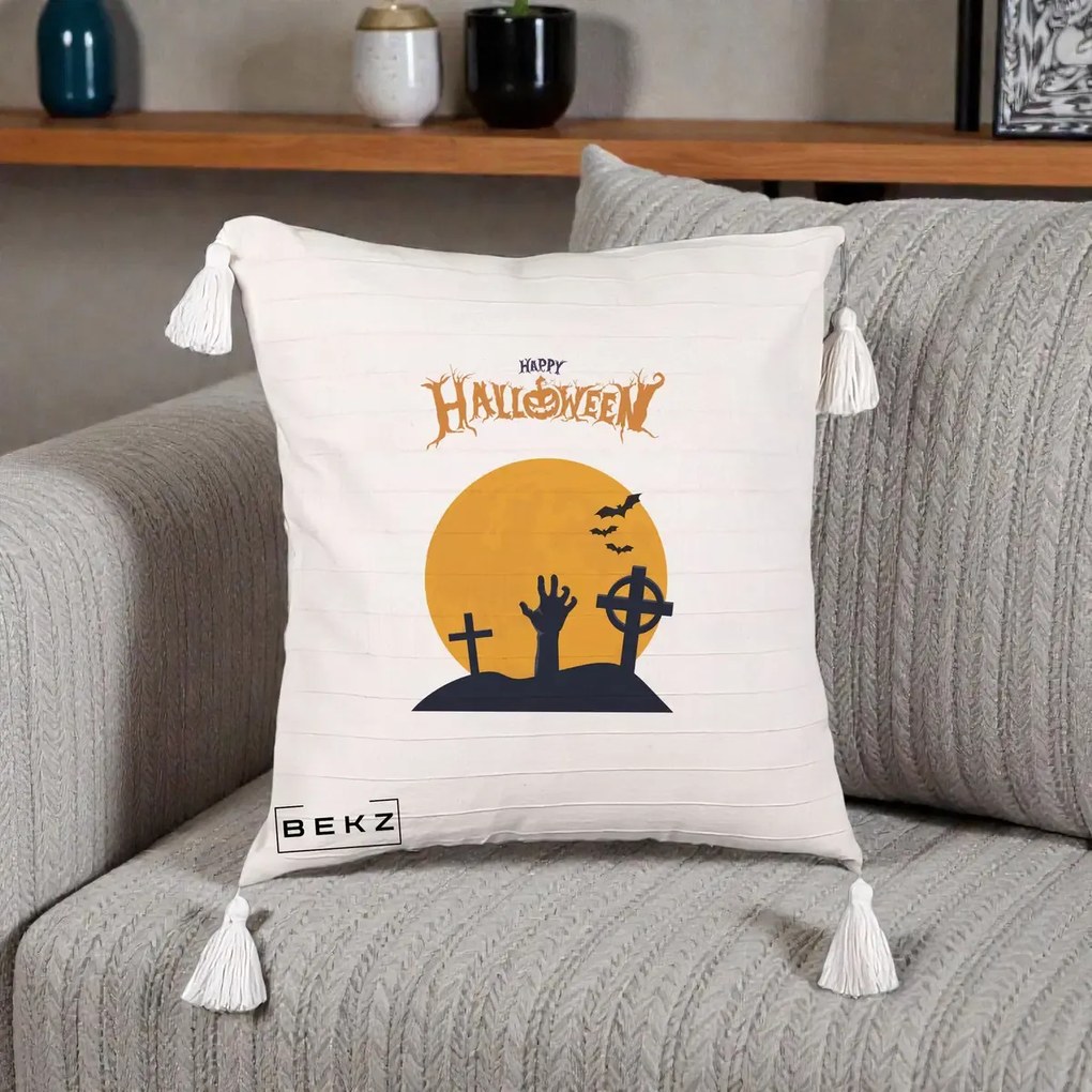 Perna Decorativa Happy Halloween Cimitir cu Luna, 40x40 cm, Bej cu Franjuri, Husa Detasabila, Perna Inclusa, BEKZ®