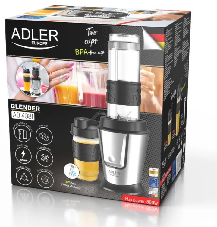 Blender Adler AD 4081, 800W, 2 pahare/sticle 400/570 ml, 20 000 rpm, 4 lame din otel inoxidabil, Zdrobire gheata, Fara BPA, Negru