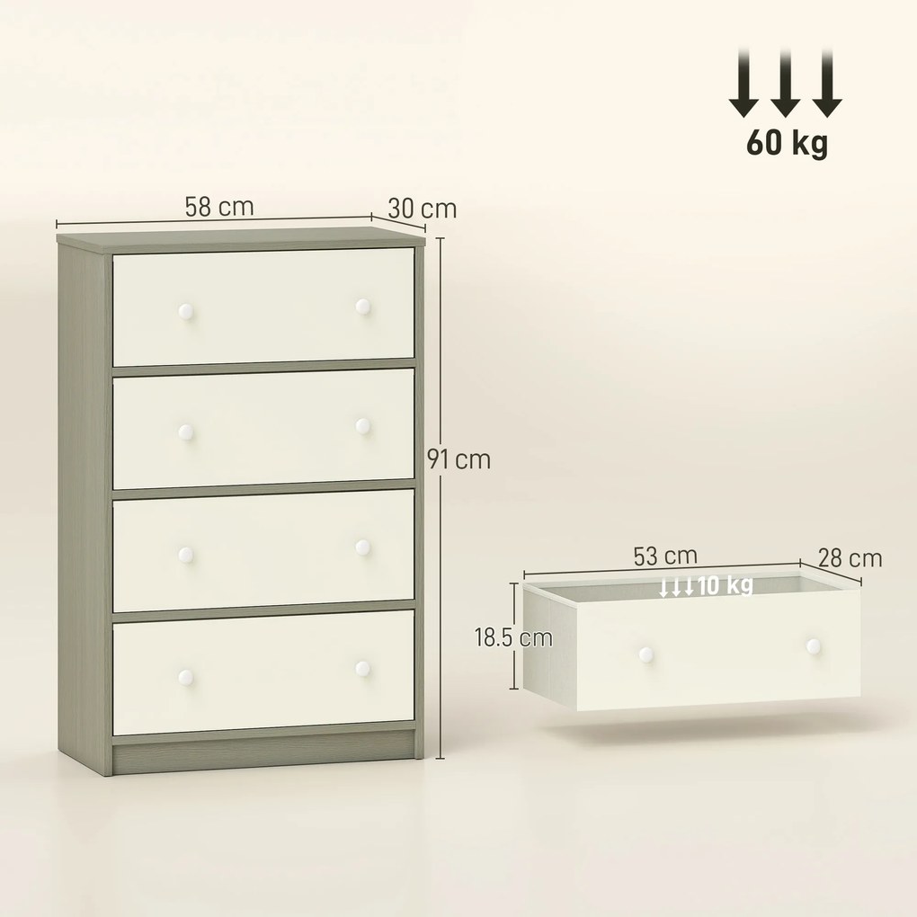 HOMCOM Comodă Modernă cu 4 Sertare Pliabile 58x30x91 cm, Alb și Gri | Aosom Romania