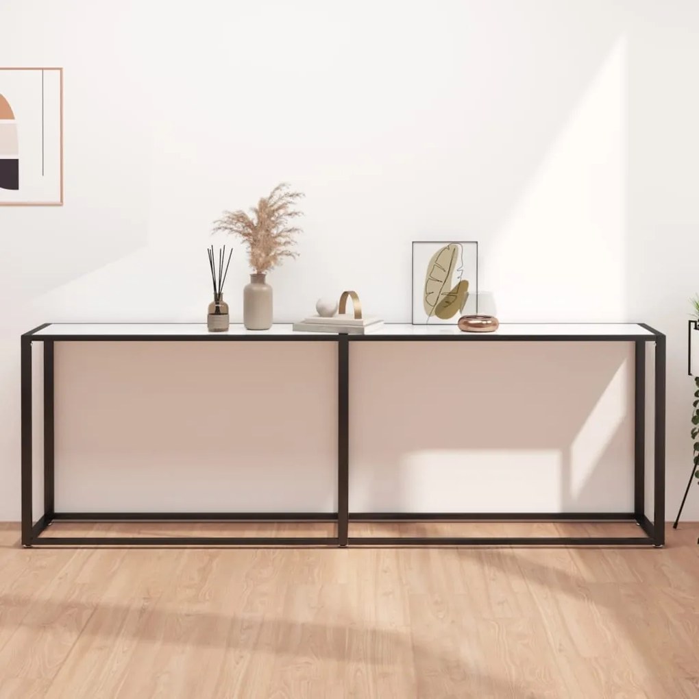 vidaXL Masă consolă, alb marmură, 220x35x75,5 cm, sticlă securizată