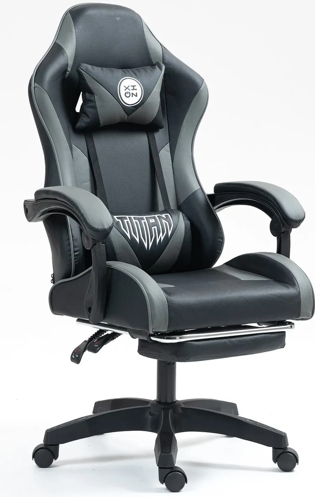 RESIGILAT- Scaun gaming, masaj în perna lombară, suport picioare, piele PU, Negru/Gri