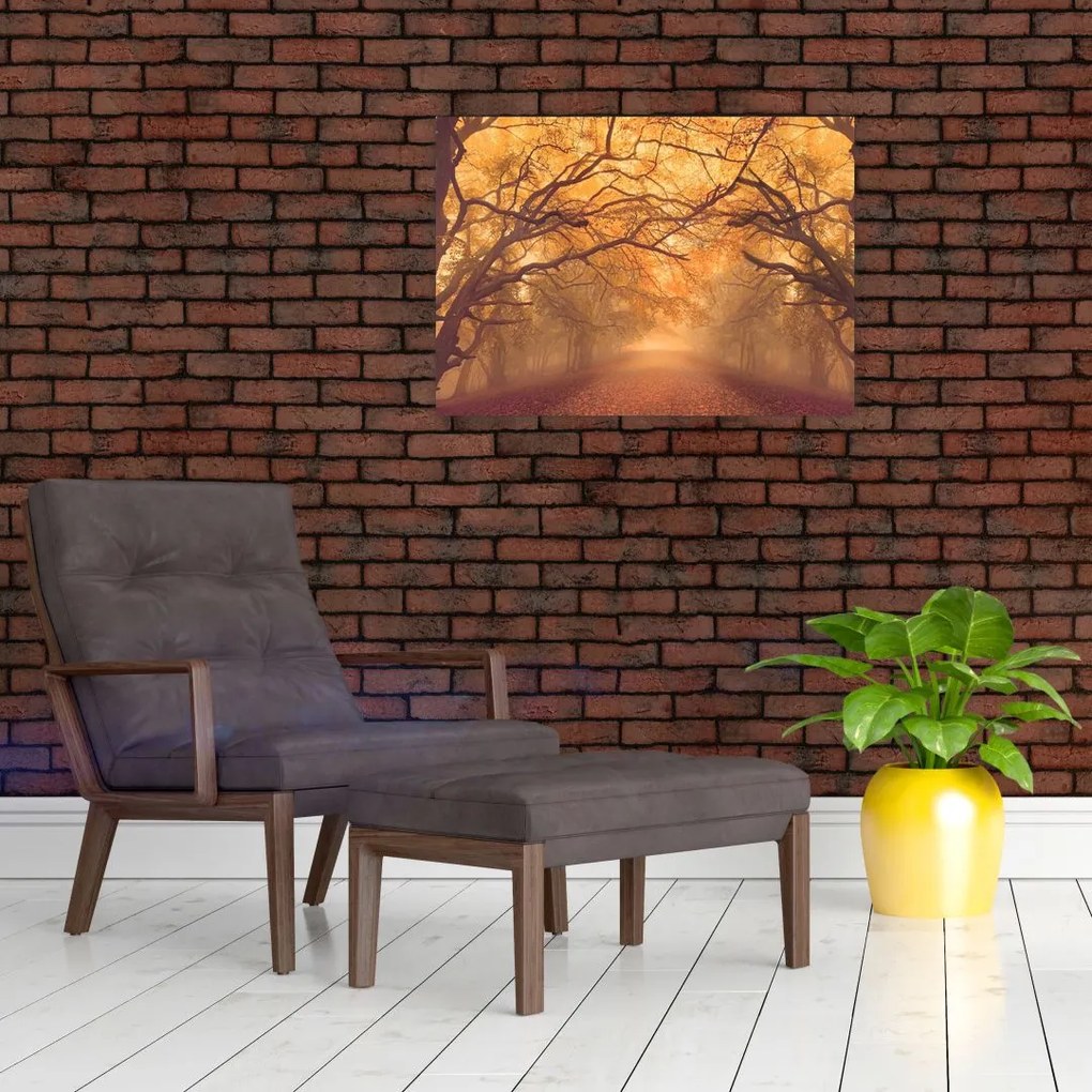 Tablou pe sticlă - Peisaj de toamnă cu drum (70x50 cm)