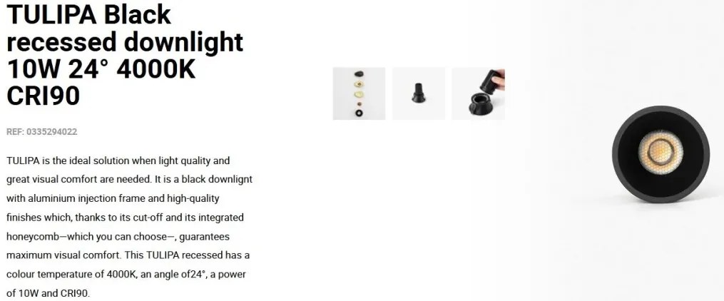 Spot LED incastrabil TULIPA Black recessed downlight 10W 24° 4000K CRI90