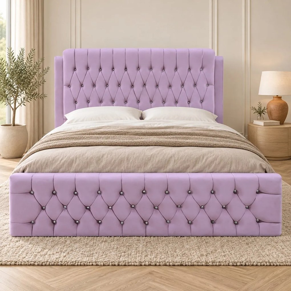 Pat tapițat Chesterfield din catifea Aveline Deluxe 140×200 cm, lila, cu ladă de depozitare