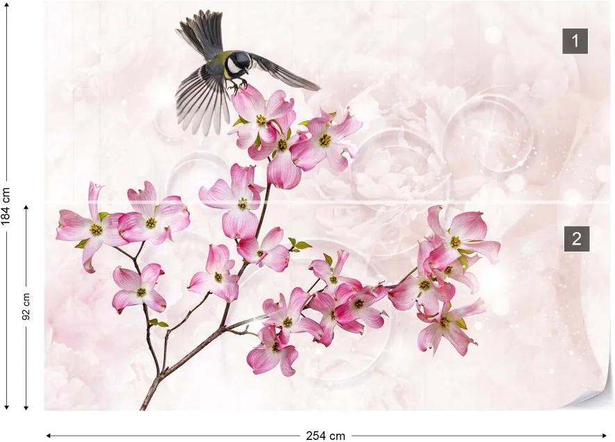 GLIX Fototapet - Flowers Bird Vintage Chic Pink Vliesová tapeta  - 254x184 cm