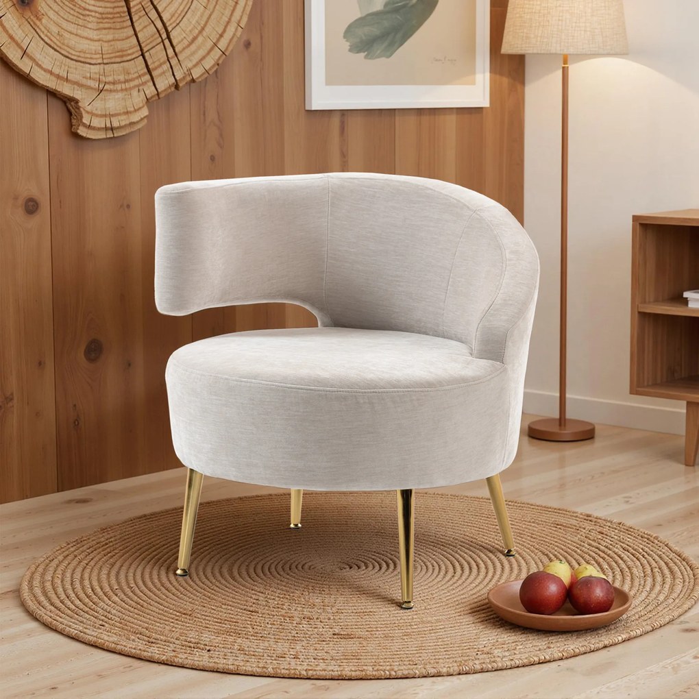 HOMCOM Scaun Modern pentru Living cu Spătar Arcuit și Arcuri Individuale, Tapițat cu Chenille, Spumă, Lemn și Oțel, 69x65x67 cm, Crem și Auriu | Aosom Romania