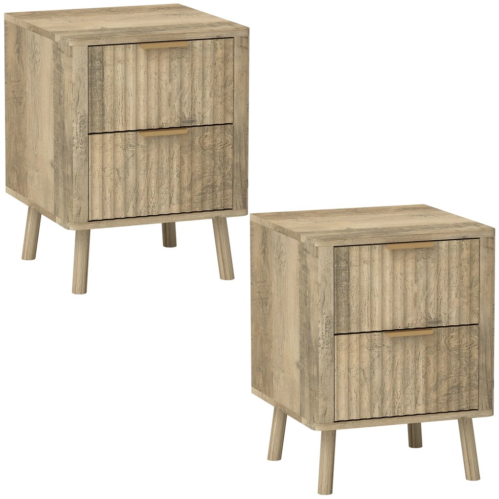 HOMCOM Lot de 2 noptiere cu 2 sertare canelate pentru cameră de dormit, sufragerie, 40 x 40 x 53 cm, stejar | Aosom Romania