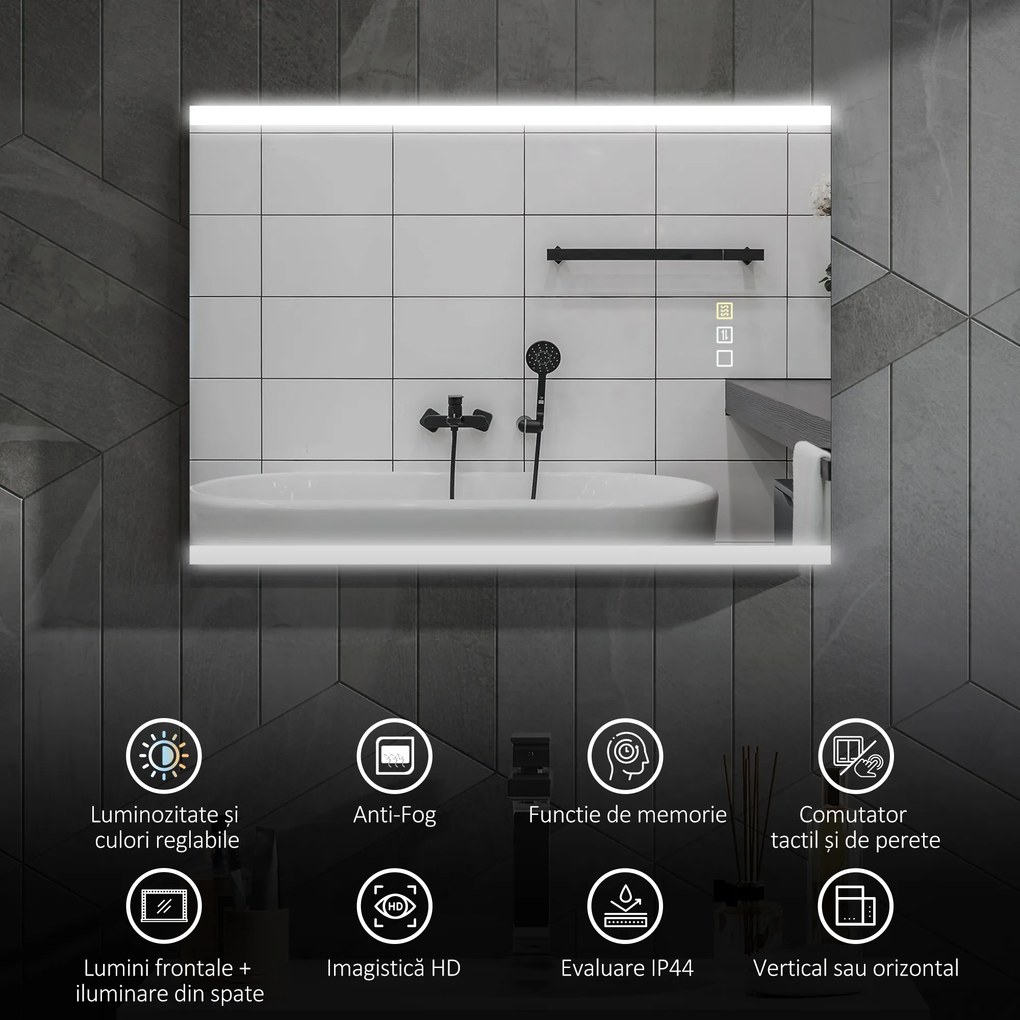 HOMCOM Oglindă LED 50x70 Antiaburire Touch IP44 | Aosom Romania