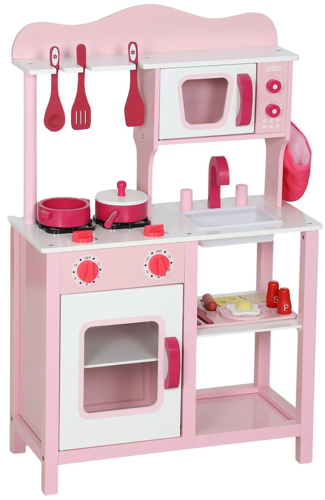 AIYAPLAY Bucătărie de Jucărie pentru Copii 3+ Ani cu Microonde, Plită și Chiuvetă, din Lemn, 55x24x86 cm, Roz | Aosom Romania