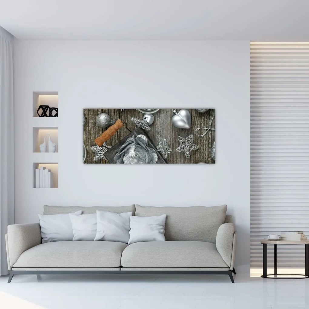 Tablou - decorațiuni argintii de Crăciun (120x50 cm), în 40 de alte dimensiuni noi