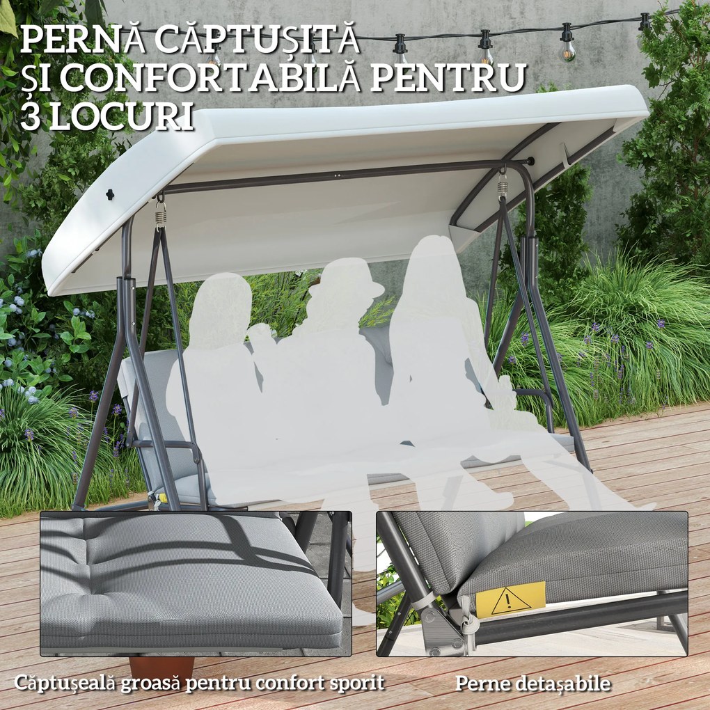 Outsunny Balansoar de Grădină 3 Locuri cu Parasolar Reglabil, Balansoar pentru Exterior cu Perne Căptușite din Poliester și Cadru din Oțel, Capacitate 210 kg, 172x110x156 cm, Gri Deschis | Aosom Romania