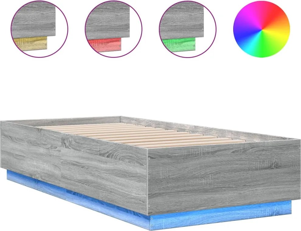 vidaXL Cadru de pat cu lumini LED gri sonoma 100x200 cm lemn prelucrat