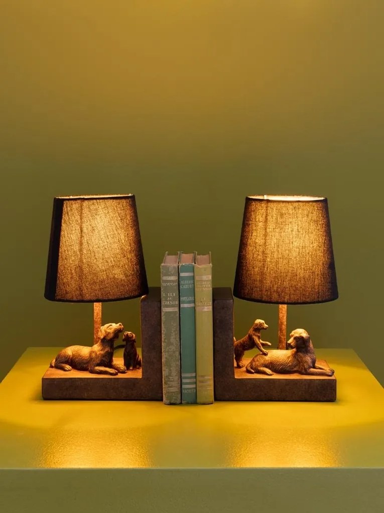 Set 2 lămpi de masă din bumbac negru, cu structură din rășină maro în formă de câine, finisaj patinat, 28×31×13 cm, „Compagnon"