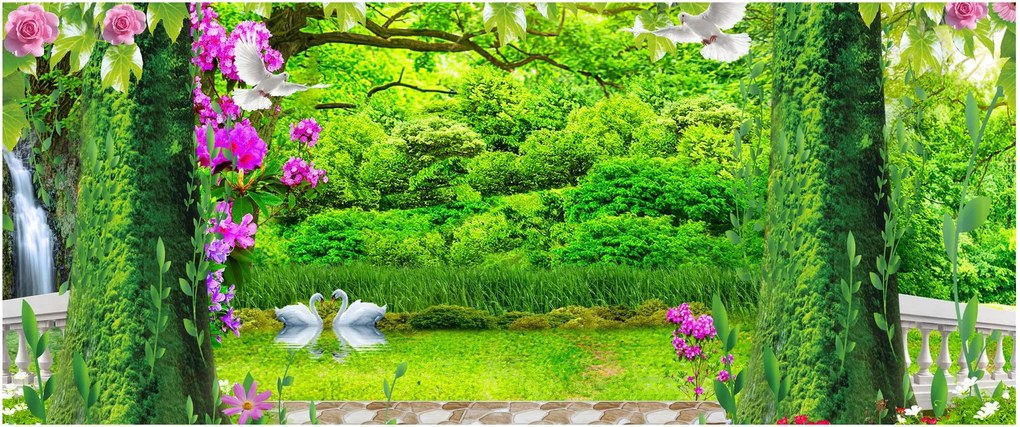 Tablou - Grădina magică cu lebede (120x50 cm)