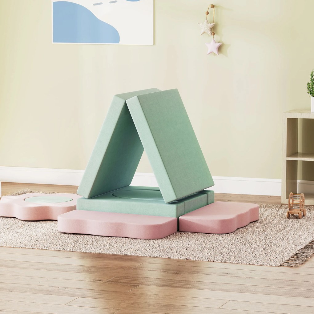 AIYAPLAY Set de 12 piese blocuri din spumă pentru cățărat, construit, târâre, saltele de joacă pentru interior cu husă din cord, Verde+Roz | Aosom Romania