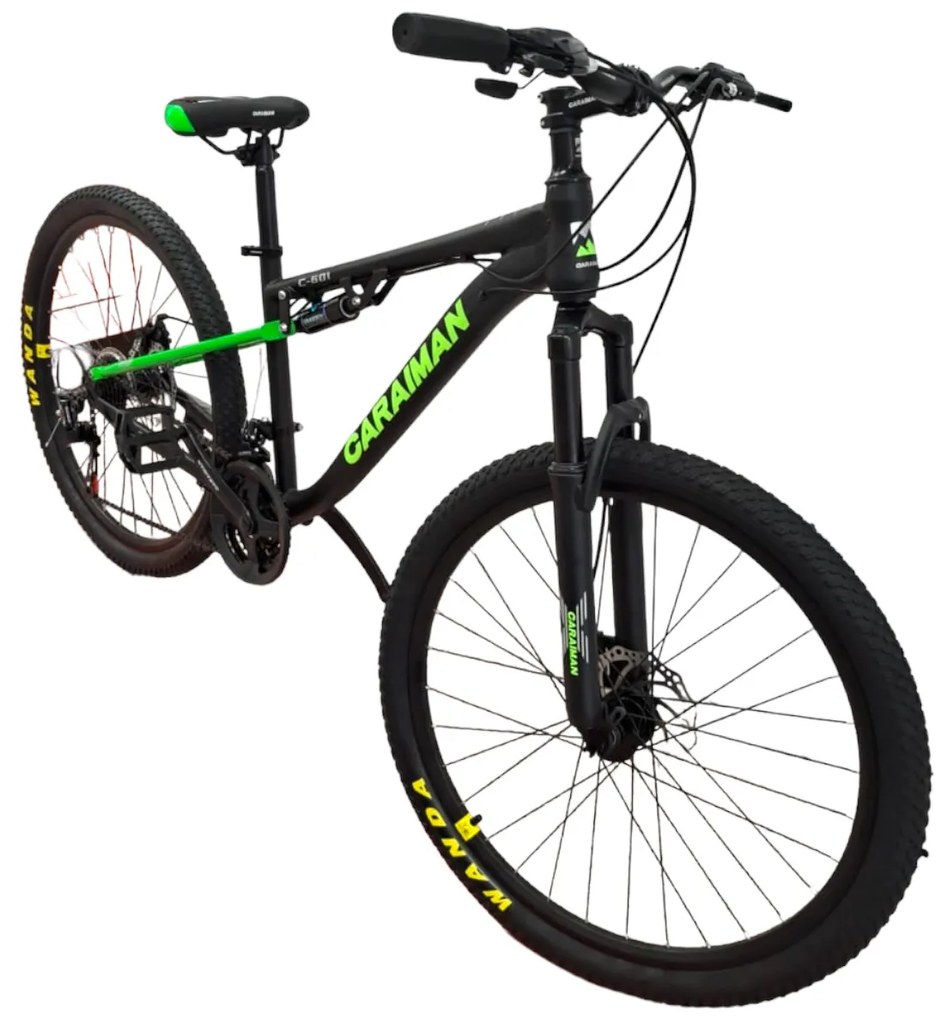 Bicicleta Caraiman, roti 24 sau 26 inch, cu dubla suspensie, frane pe disc, negru cu verde, BC78