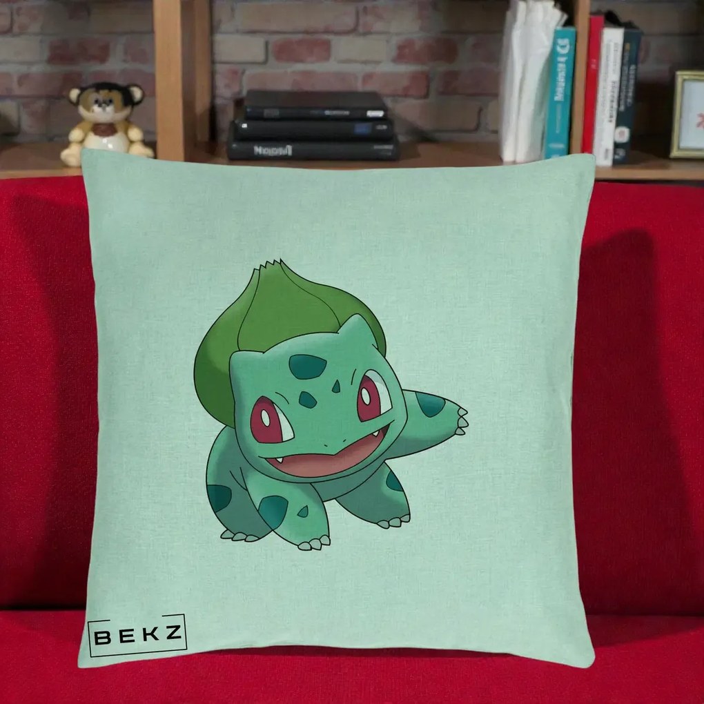 Perna Personalizata Bulbasaur Pokemon, 40x40 cm, Verde Menta, Husa Detasabila, Perna Inclusa, BEKZ®