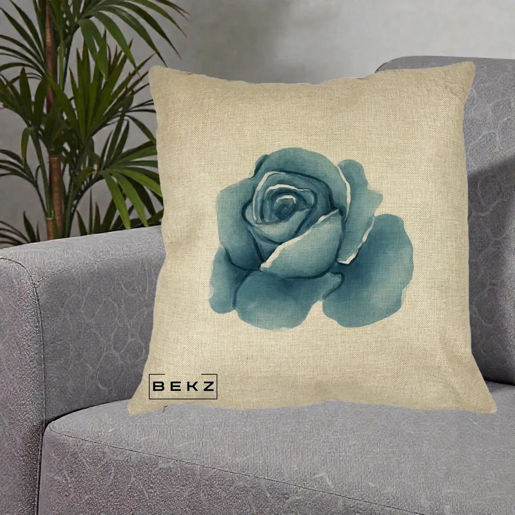 Perna Decorativa Trandafir Albastru Acuarela, 40x40 cm, Crem, Husa Detasabila, Perna Inclusa, BEKZ®