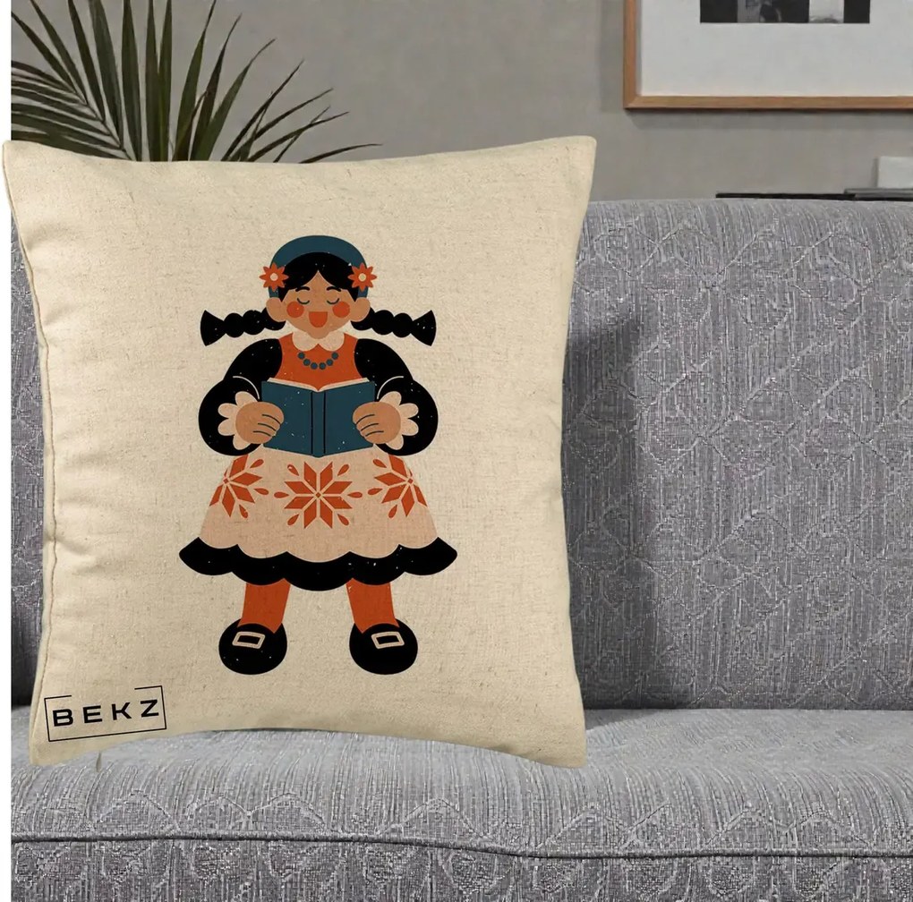 Perna Personalizata Fetita cu Carte Ilustratie Folk, 40x40 cm, Bej, Husa Detasabila, Perna Inclusa, BEKZ®