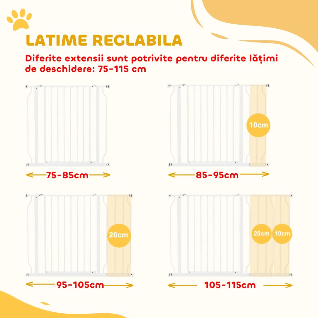 PawHut Poartă de Siguranță pentru Câini din Oțel și ABS, Poartă Extensibilă pentru Câini pentru Scări și Uși, 75-115 cm, Alb