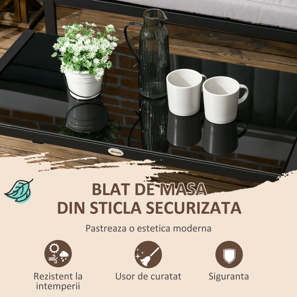 Outsunny Set pentru gradina 4 bucati cu 2 canapele 2 locuri, fotoliu de colt si masuta de cafea din geam securizat, gri si negru | AOSOM RO