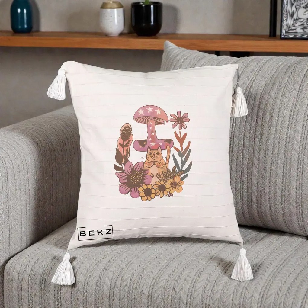 Perna Decorativa Ciuperca Pisica Boho, 40x40 cm, Bej cu Franjuri, Husa Detasabila, Perna Inclusa, BEKZ®