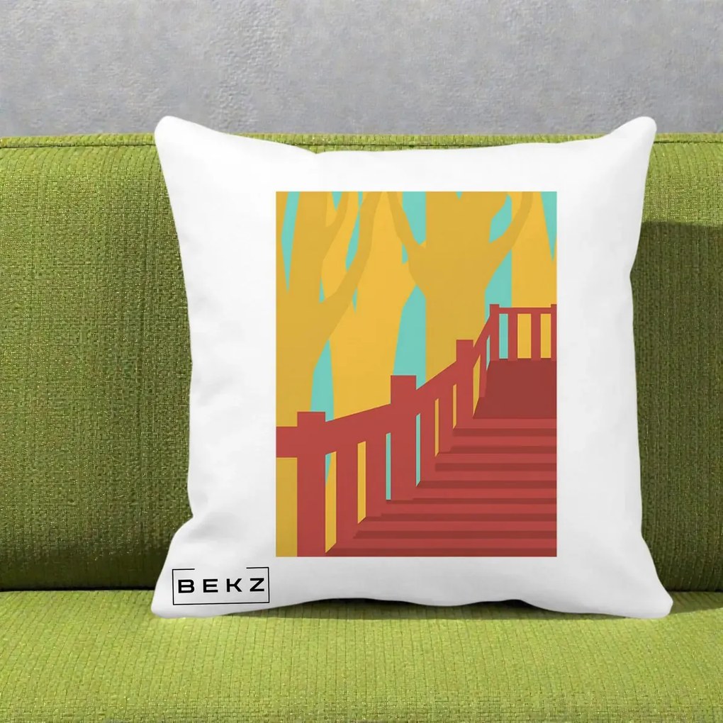 Perna Decorativa Scari Toamna Peisaj Grafic, 40x40 cm, Alba Mata, Husa Detasabila, Perna Inclusa, BEKZ®
