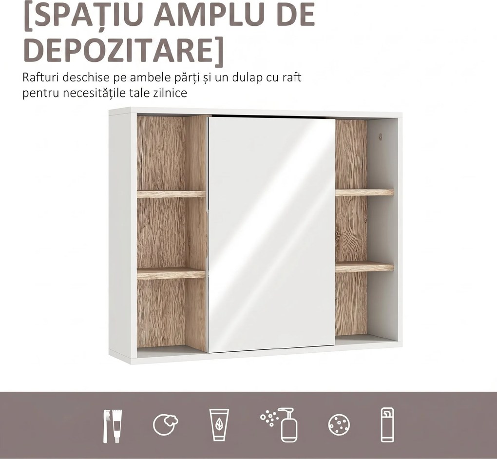HOMCOM Dulap cu Oglinda din MDF si PAL, Dulap de Baie cu 3 Rafturi Laterale si Raft Interior Reglabil, 60x14.5x49.4 cm, Alb si Lemn Natur | Aosom RO