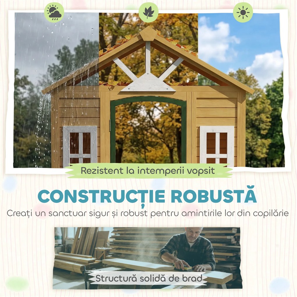 AIYAPLAY Căsuță de Grădină pentru Copii din Lemn de Molid, Căsuță de Exterior cu 3 Ferestre, 2 Jardiniere, Ușă și Acoperiș, pentru Copii 3-8 Ani, Interior și Exterior, 134.5x97x150 cm, Maro | Aosom Romania