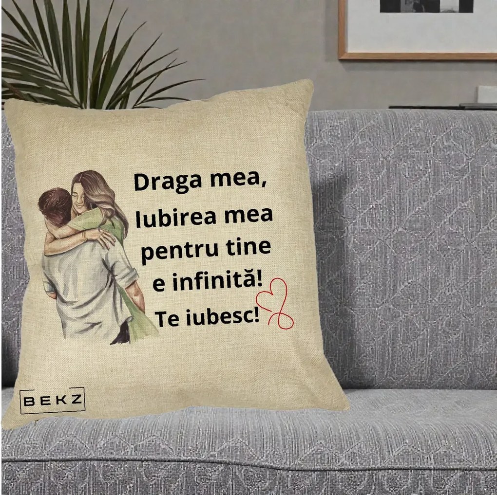 Cadou pentru Iubita - Perna Personalizata Draga Mea Iubirea Mea Infinita Te Iubesc cu Cuplu Acuarela, 40x40 cm, Crem, Husa Detasabila, Perna Inclusa, BEKZ®