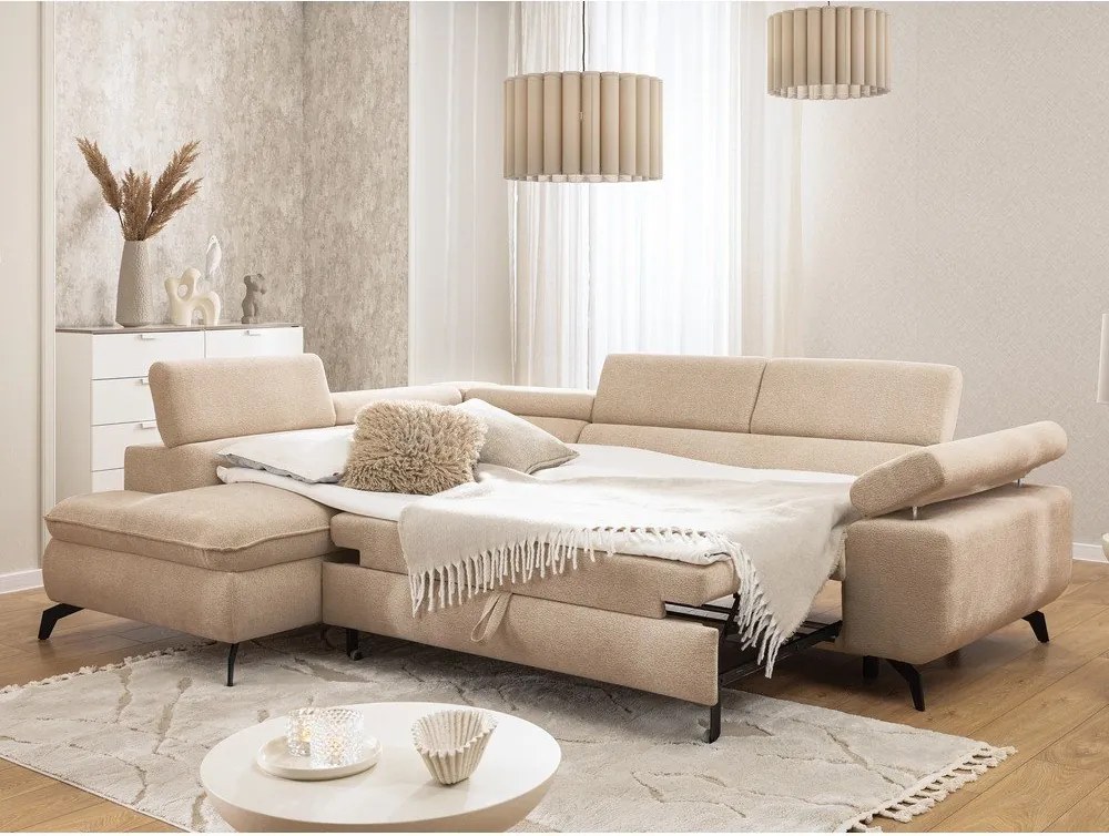 Colțar bej cu tapițerie din chenille (cu colț pe partea stângă/în formă de ”L”) Marbeya – Ropez