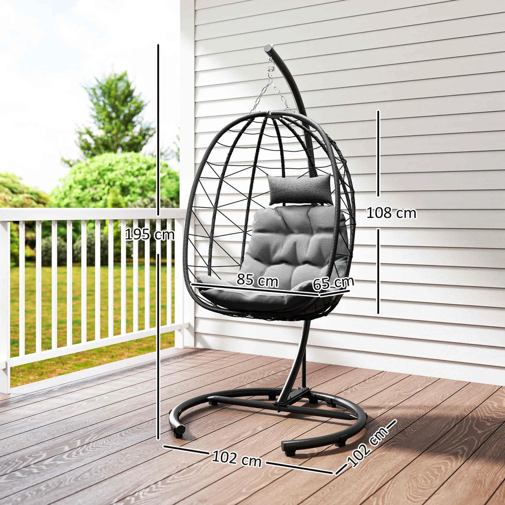 Outsunny Fotoliu suspendat Outdoor Fotoliu suspendat Egg Chair, rezistent la intemperii, incl. perne, 102 cm x 102 cm x 195 cm, Gri închis | Aosom Romania