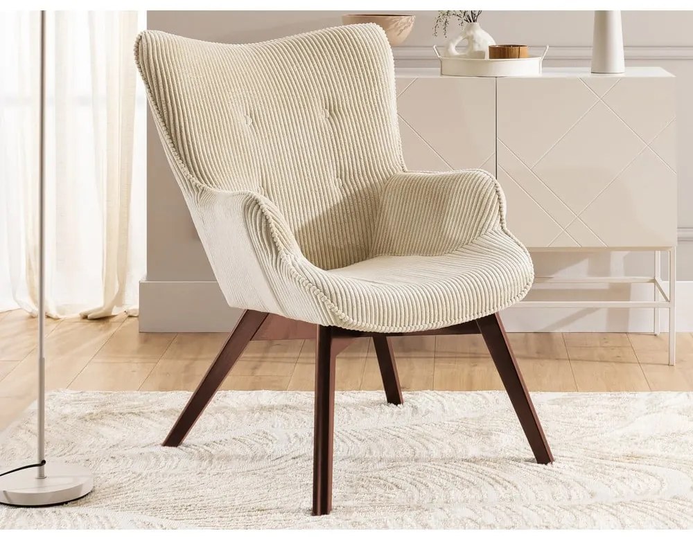 Fotoliu bej cu tapițerie din catifea reiată Niko – Ropez