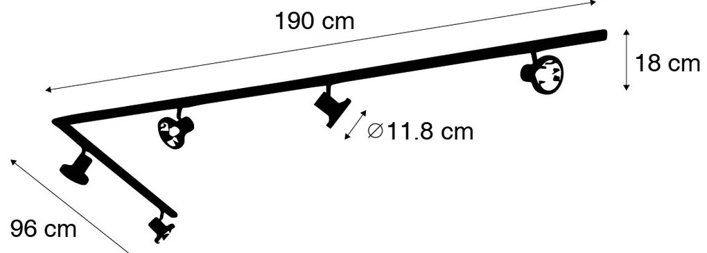 Sistem modern de iluminat pe șine cu 5 spoturi negre monofazate 300 cm - Iconic Jeany