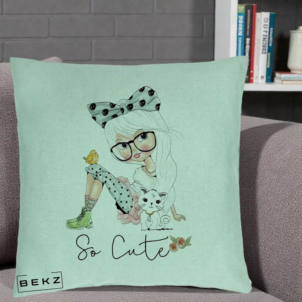 Perna Decorativa So Cute Fata Fashion, 40x40 cm, Verde Menta, Husa Detasabila, Perna Inclusa, BEKZ®