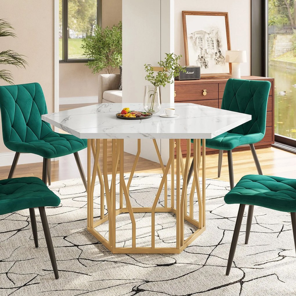 Masă de dining hexagonală modernă, Alb+Auriu | Aosom Romania