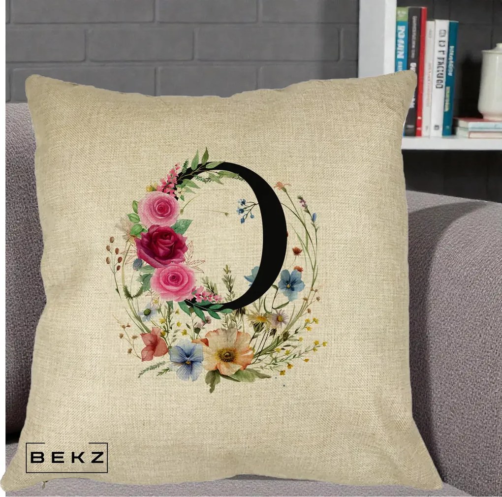 Cadou Personalizat - Perna Personalizata Monogram Litera O cu Flori Acuarela, 40x40 cm, Crem, Husa Detasabila, Perna Inclusa, BEKZ®