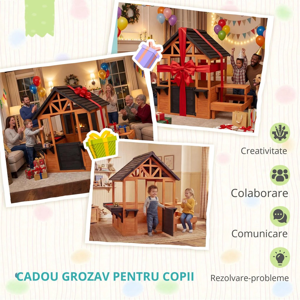 AIYAPLAY Casă de joacă pentru exterior din lemn cu masă bănci stație de spălat fereastră ușă suport ghiveci pentru 3-8 ani maro deschis | Aosom Romania