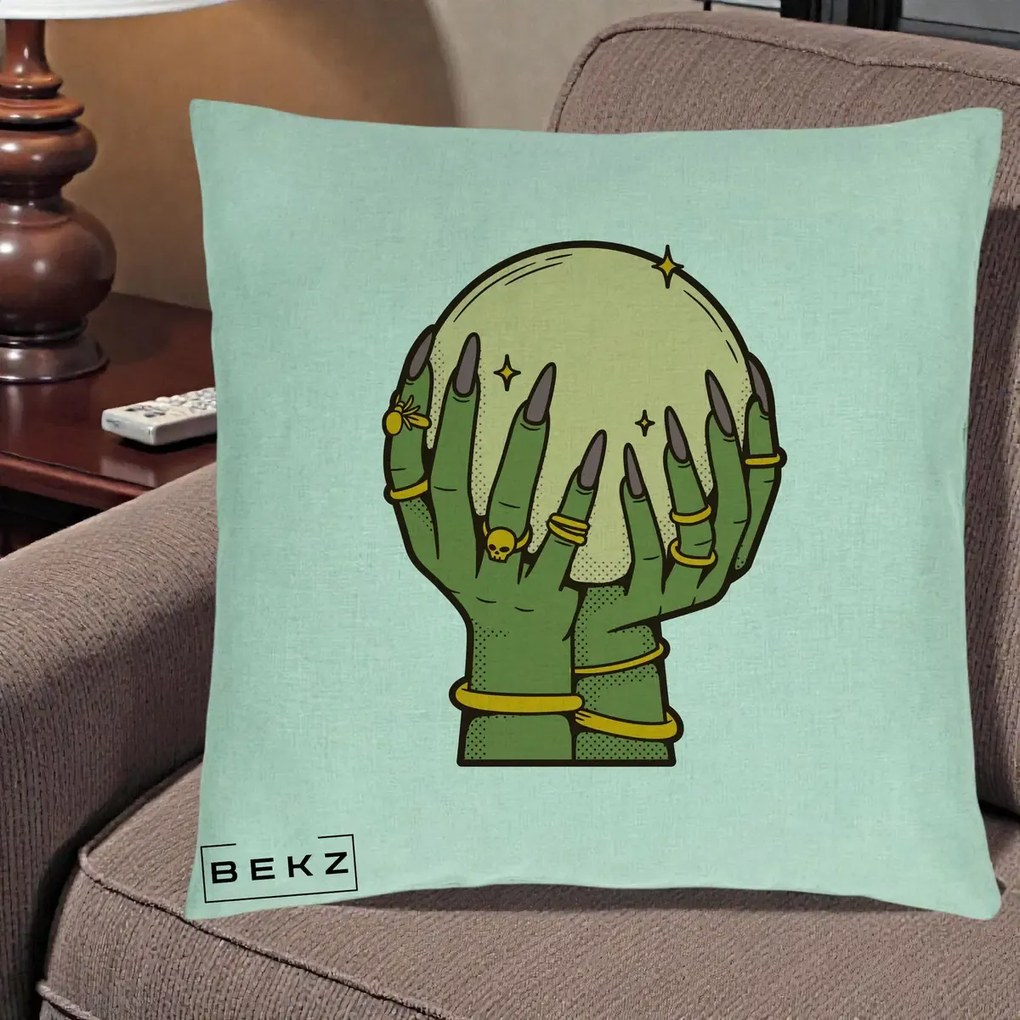 Perna Decorativa Halloween Maini Vrajitoare cu Glob de Cristal, 40x40 cm, Verde Menta, Husa Detasabila, Perna Inclusa, BEKZ®