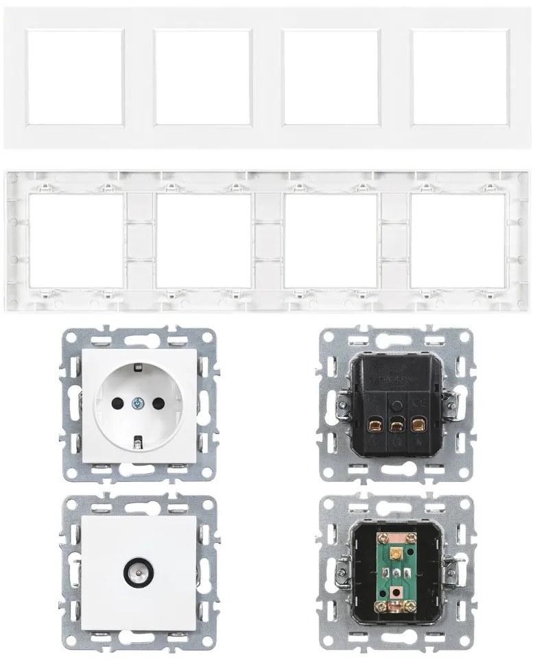 Priză Nova IV cu trei prize împământate cu priză TV și cadru alb