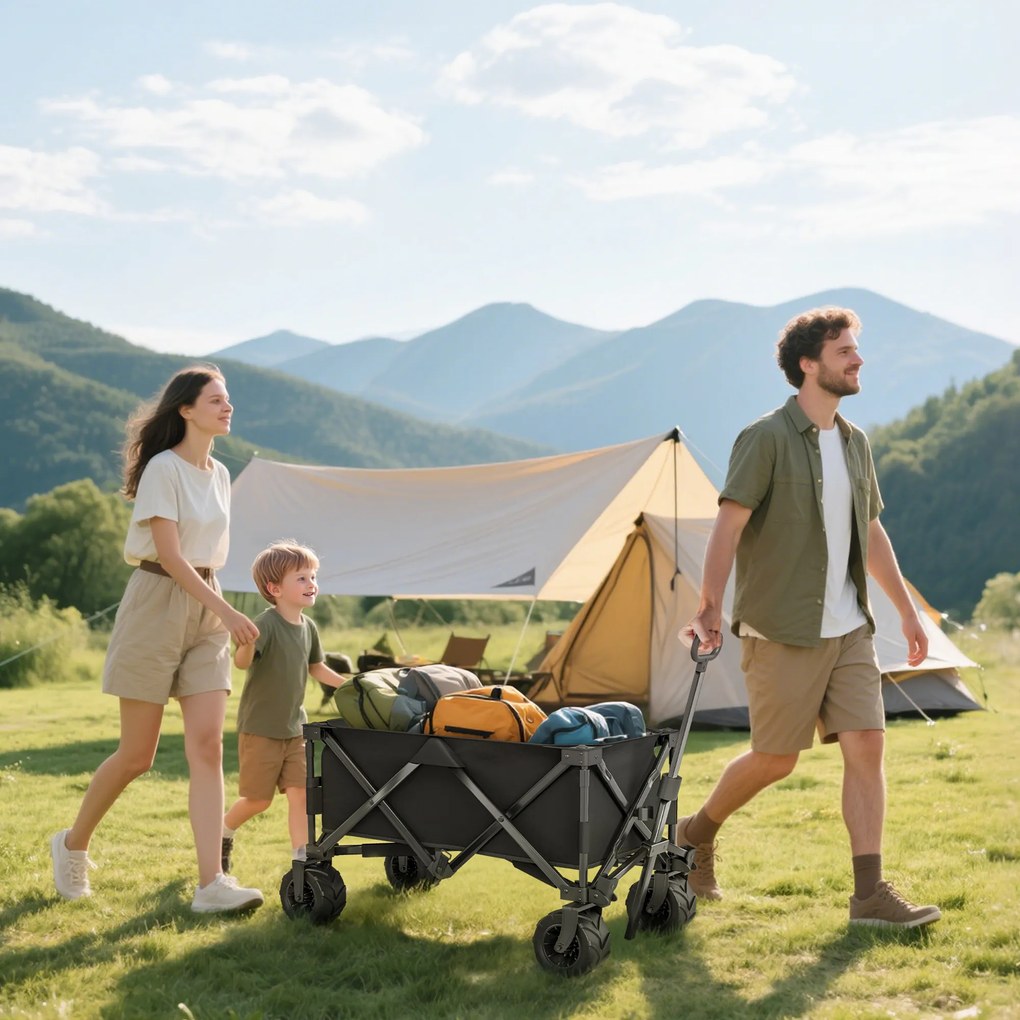 Outsunny Carucior plaja pliabil cu roti fata pivotante 360° si maner telescopic 108x55x55 cm negru | Aosom Romania