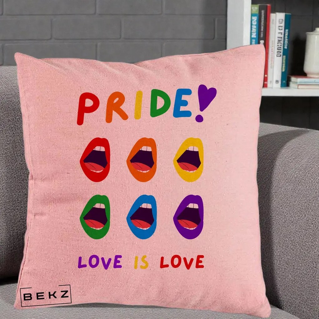 Perna Personalizata Pride Love is Love Curcubeu, 40x40 cm, Roz, Husa Detasabila, Perna Inclusa, BEKZ®