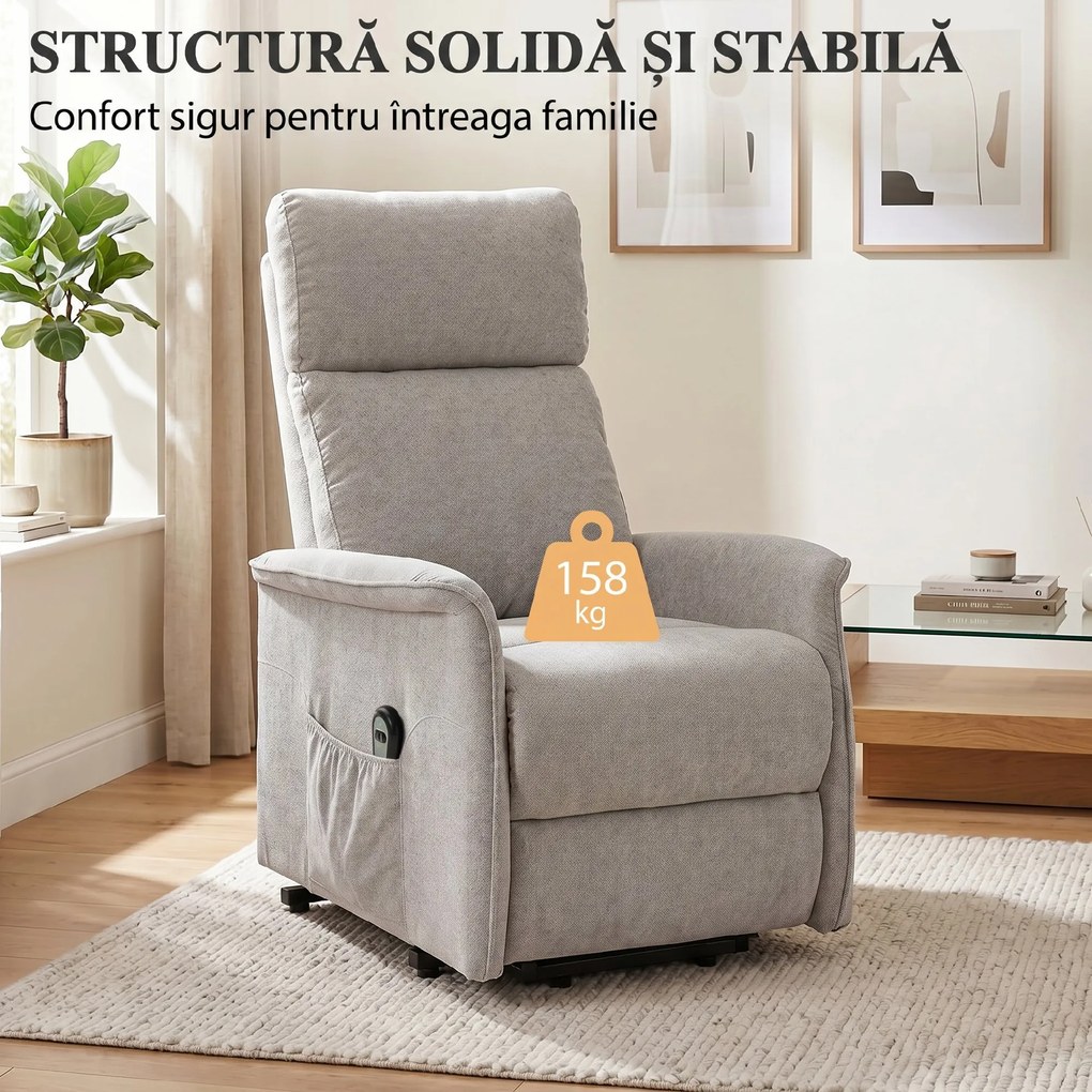 HOMCOM Fotoliu Electric cu Ridicare și Reclinare din Chenille cu Spătar Înalt, Telecomandă, Gri Deschis | Aosom Romania
