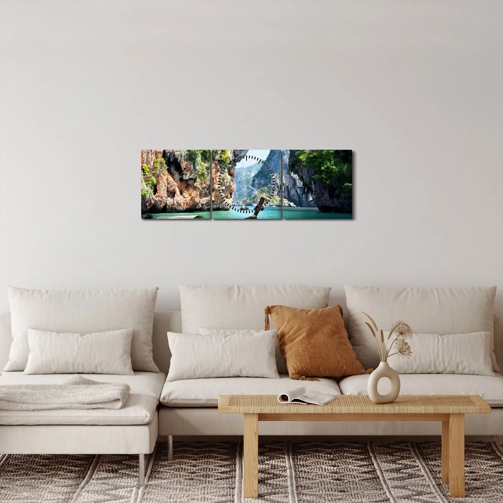 Tablou - Apă peisaj mediteranean cu barca (cu ceas) (90x30 cm)