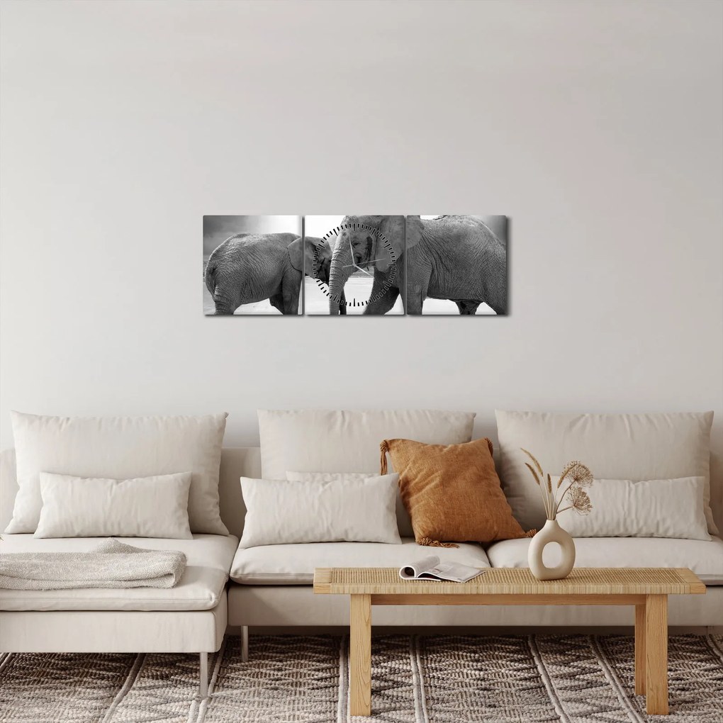 Tablou cu elefanți (cu ceas) (90x30 cm)