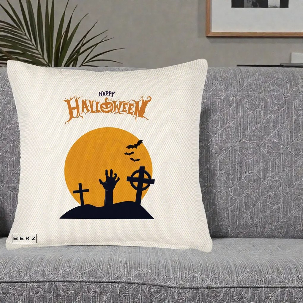 Perna Decorativa Happy Halloween Cimitir cu Luna, 40x40 cm, Crem Reliefat, Husa Detasabila, Perna Inclusa, BEKZ®